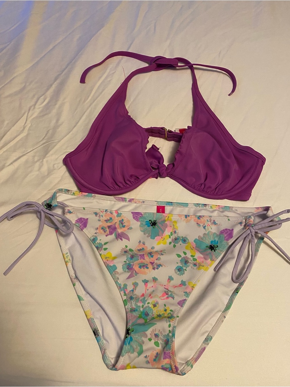 Victoria's Secret Purple Halter Bikini with Pastel Floral Bottoms